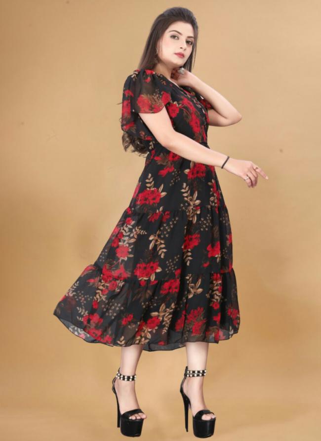 Georgette Black Casual Wear Printed Readymade Gown